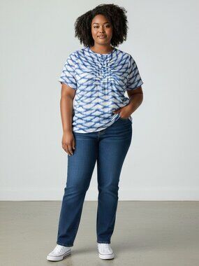 Carmakoma Blue White Abstract Pleated Front Open Back Resort Blouse 14 Plus Size